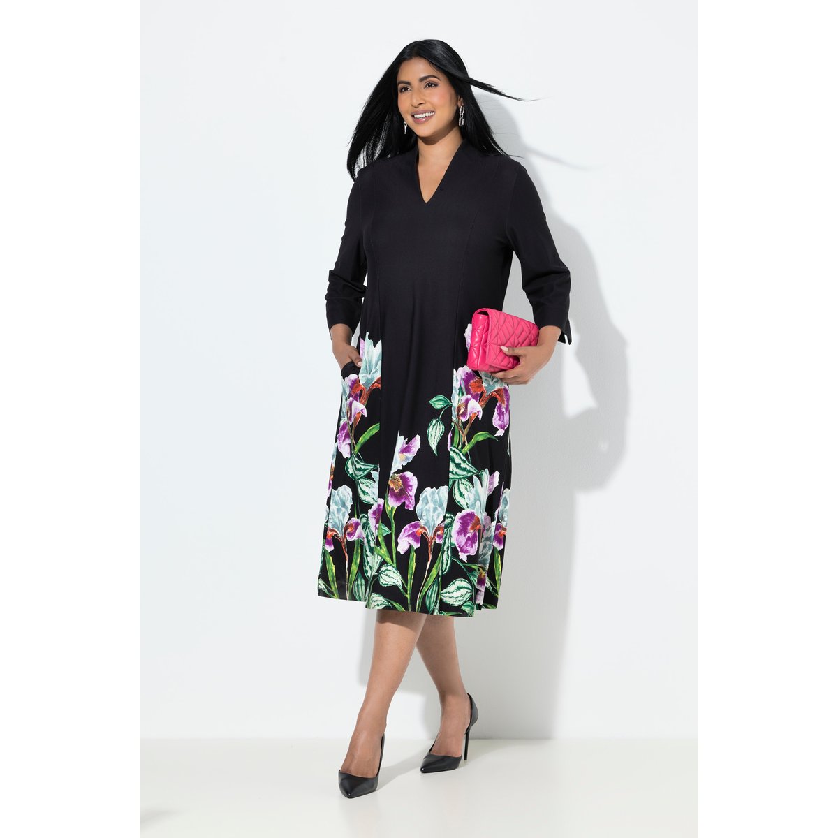 Robe midi point de Rome, coupe évasée noir, ULLA POPKEN