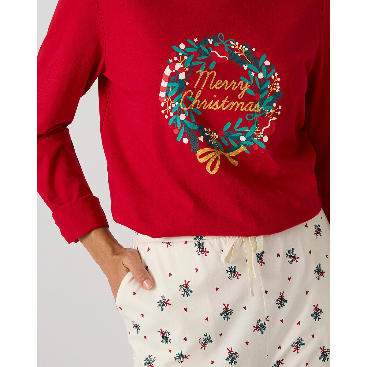 Pyjama Noël en maille jersey coton rouge/écru, DAMART