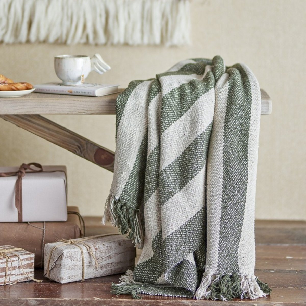 Plaid coton recyclé rayures Jodina vert, BLOOMINGVILLE
