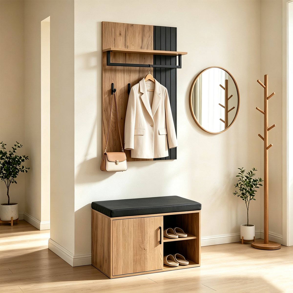 Vestiaire d'entrée avec banc et rangement, PORTERAA noir, MEUBLES COSY