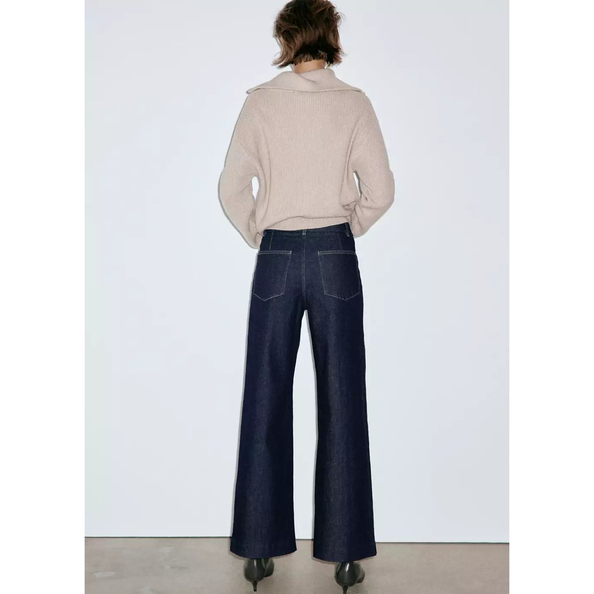 Jean large taille haute à coutures bleu, MANGO