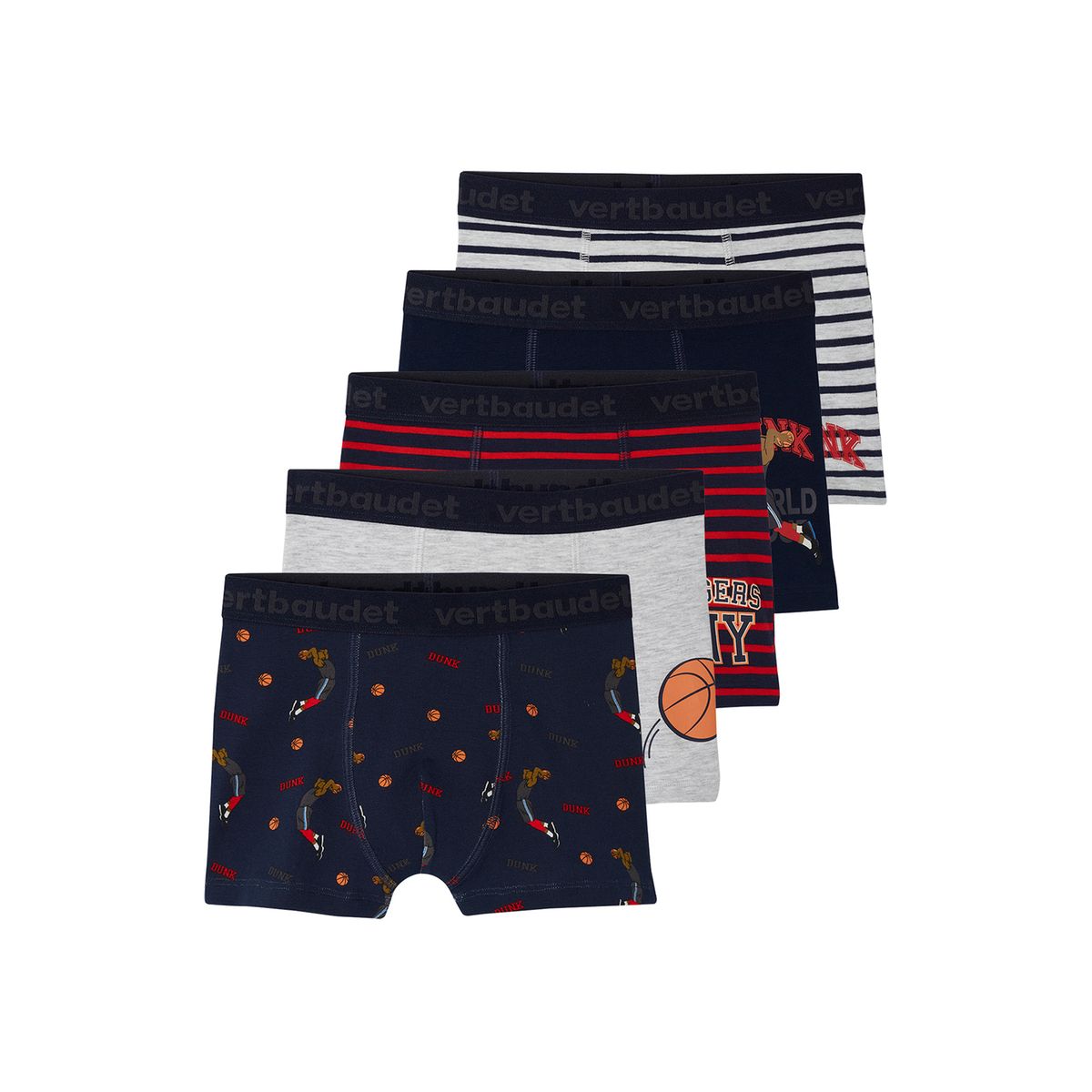 Lot de 5 boxers stretch basket en coton bio gris chiné, VERTBAUDET