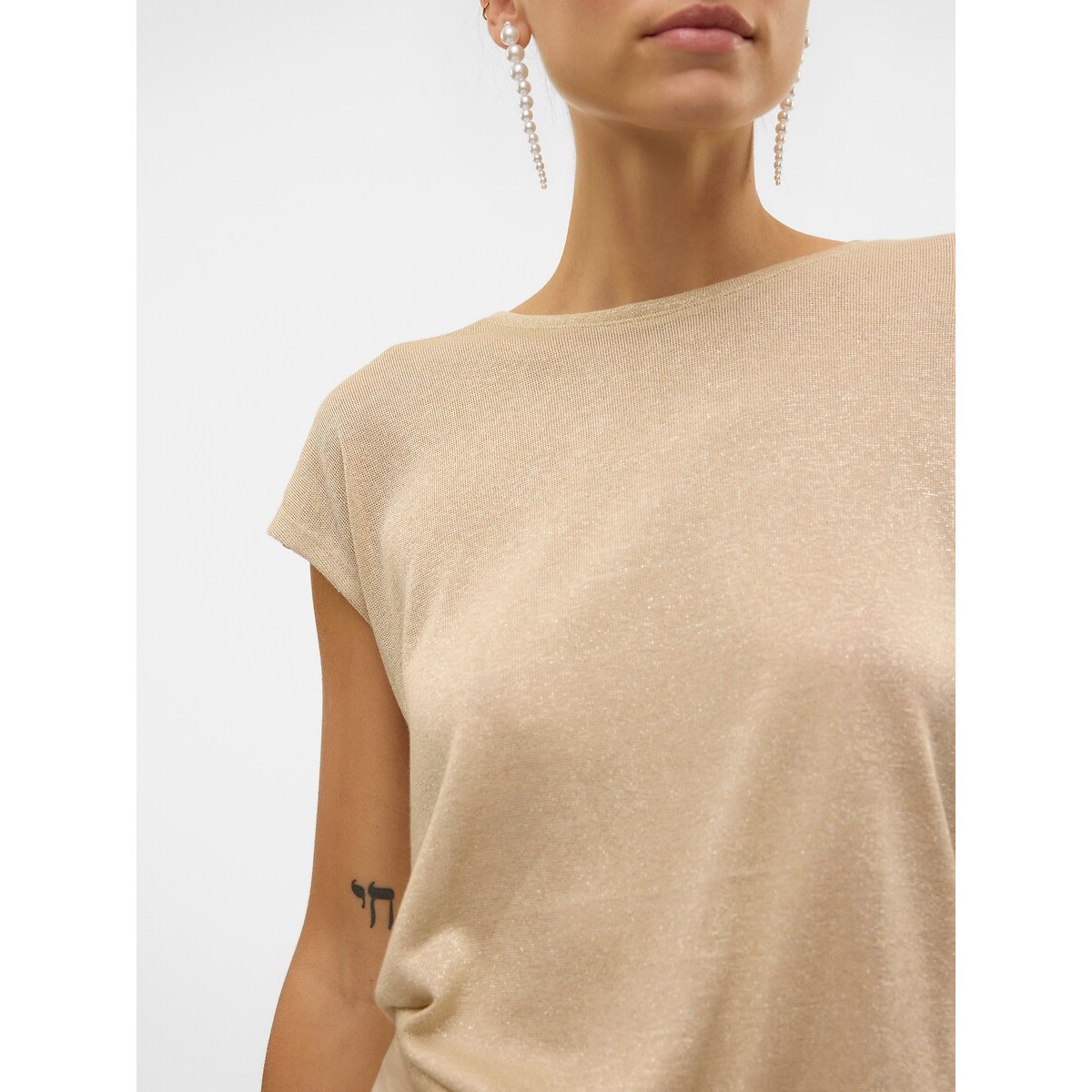 T-shirt col rond pailleté, manches courtes doré, VERO MODA
