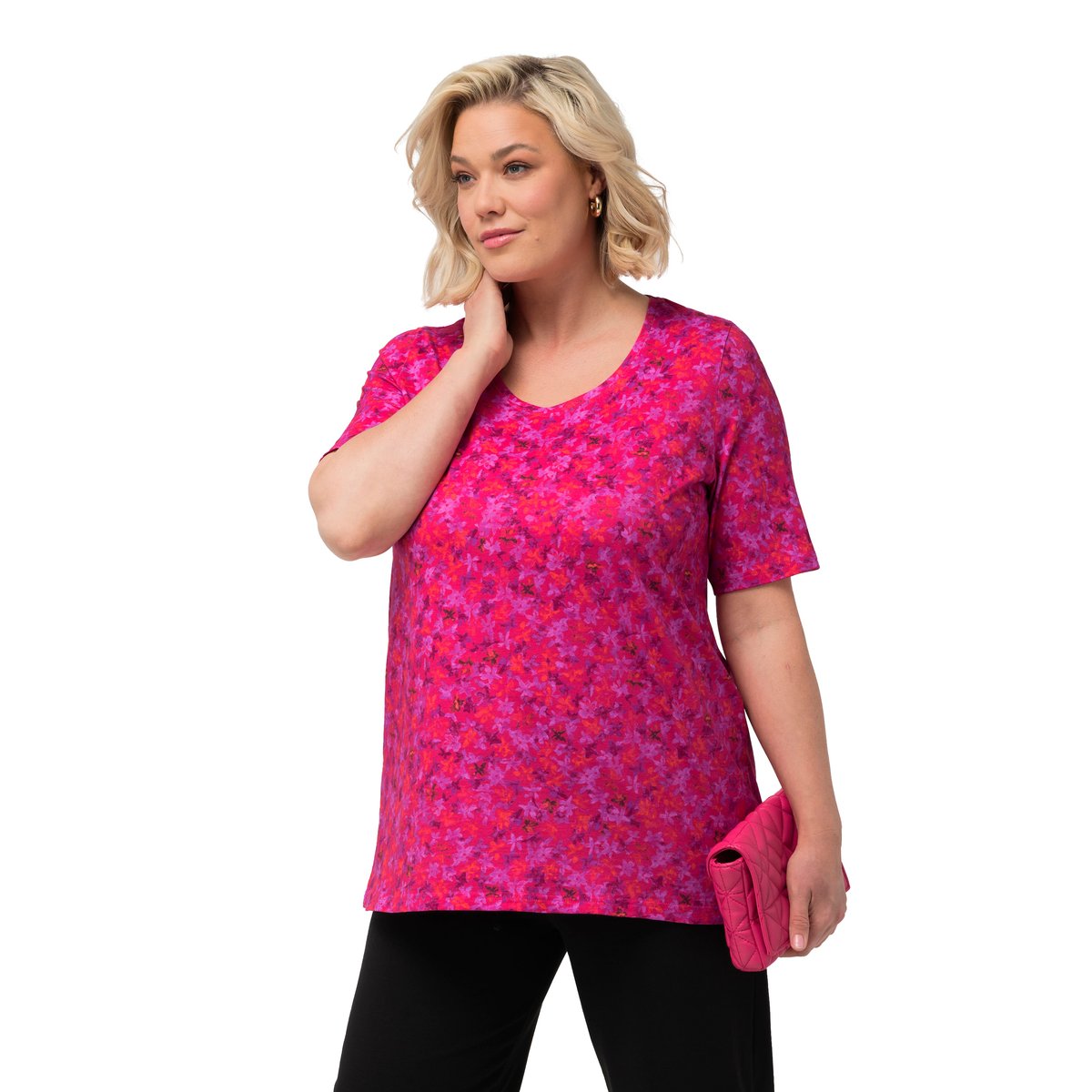 T-shirt long à manches courtes et col rond roses rouge, ULLA POPKEN