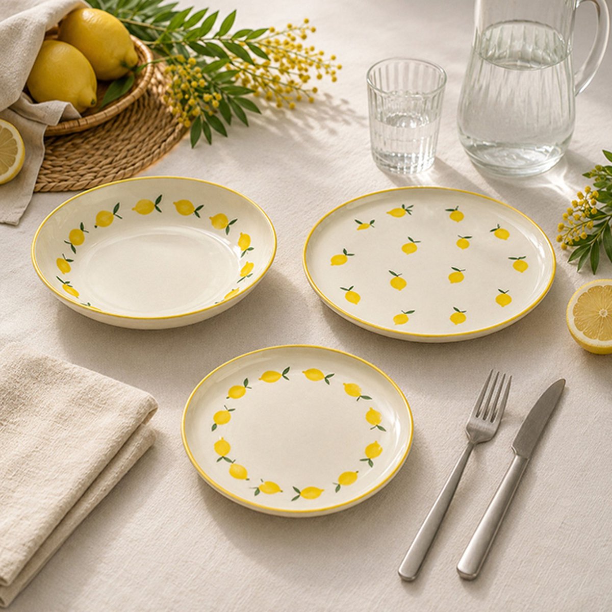 Lot de 6 assiettes à dessert 20cm en grès, CITRON beige et jaune, NOVASTYL