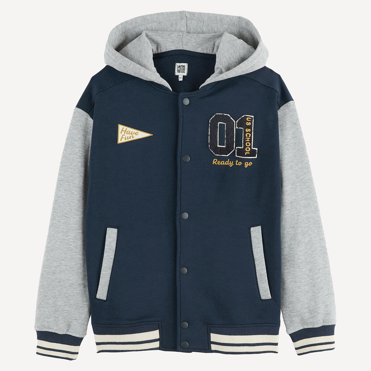 Sweat pressionné à capuche, esprit Teddy, en molleton bleu marine/gris chiné, LA REDOUTE COLLECTIONS