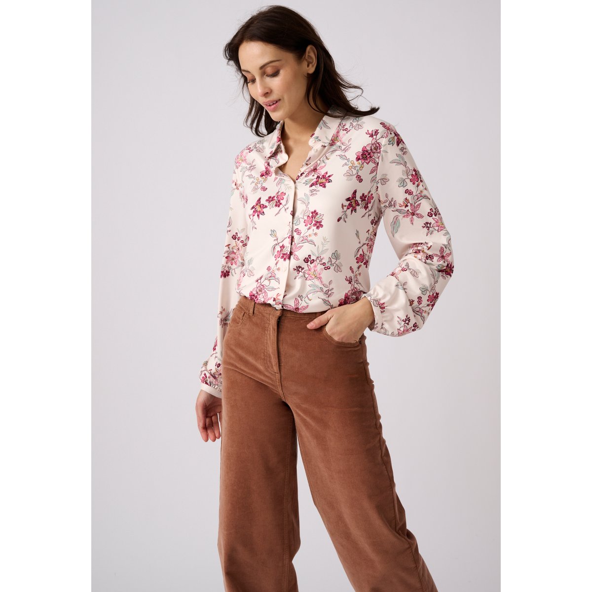 Chemisier en maille chaude marron beige fleuri, DAMART