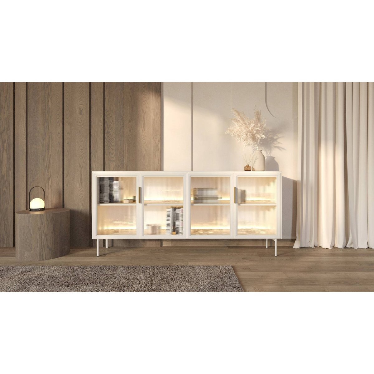 Buffet vitré LUMI 4 portes avec éclairage LED cachemire, RECOLLECTION
