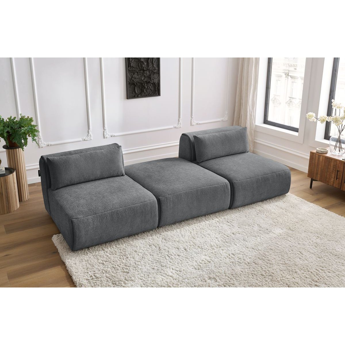 Canapé modulable 3 places en tissu texturé, JEANNE gris foncé, BOBOCHIC