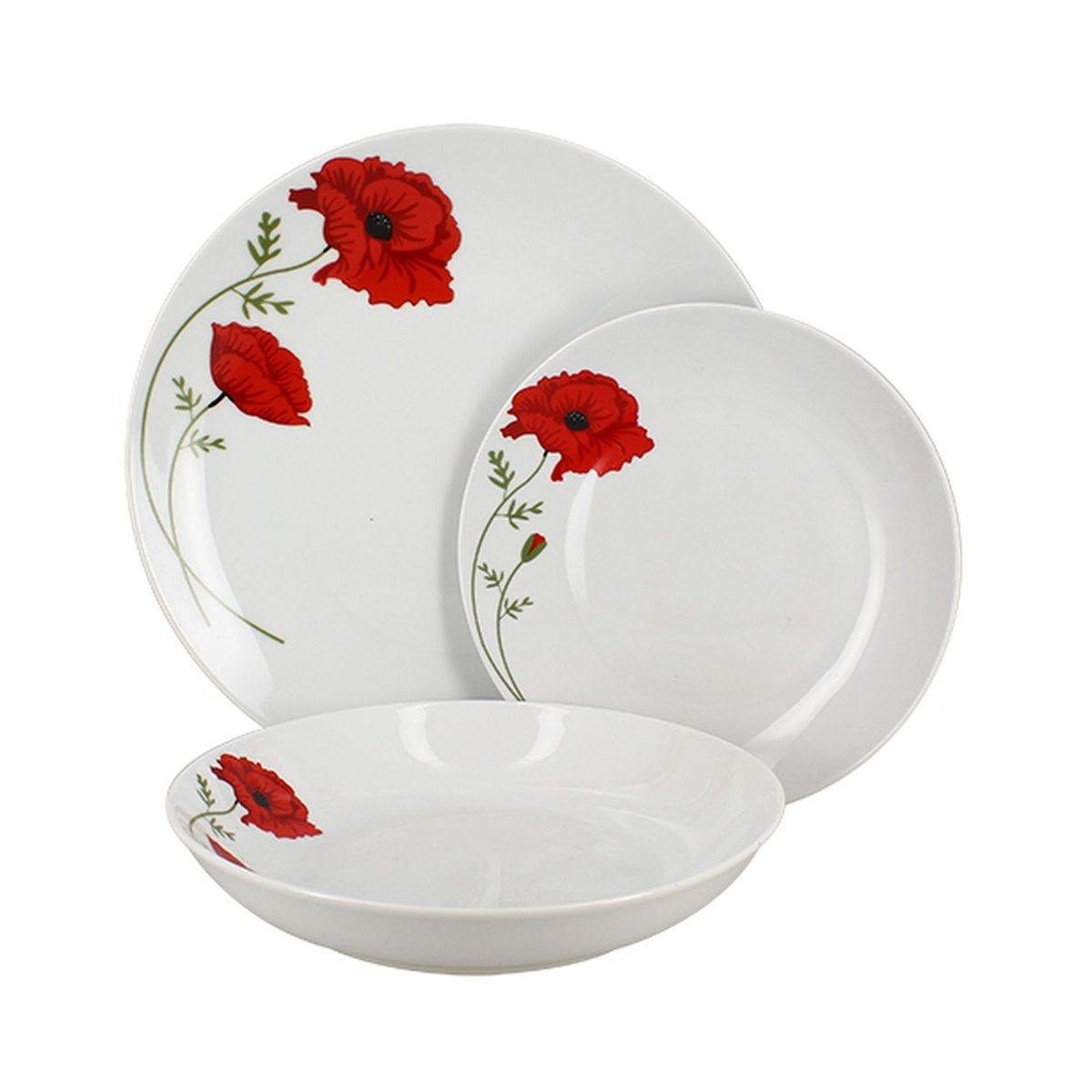 Lot de 6 assiettes creuses en porcelaine 20,5cm, COQUELICOT blanc-rouge, NOVASTYL
