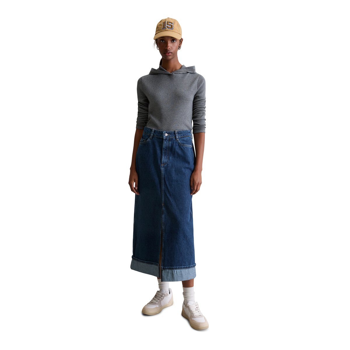 T-shirt long à capuche slim en jersey côtelé doux gris, MARC O’POLO DENIM