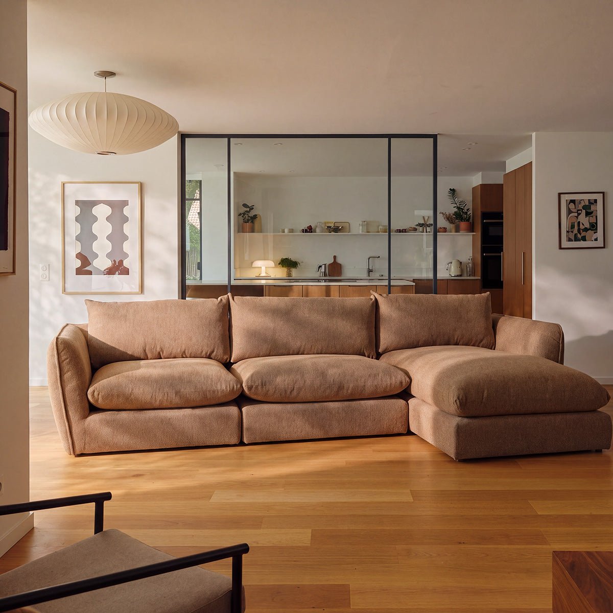 Canapé modulable angle droit 3 places en tissu texturé LEOPOLD marron clair chiné, BERAH GETAH