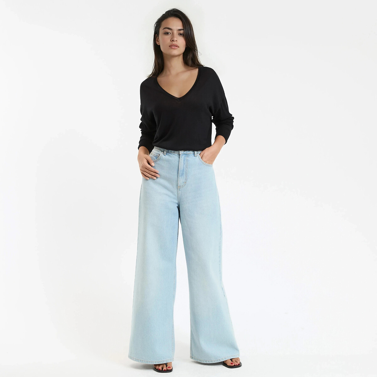 Fine Knit Jumper with V-Neck black, LA REDOUTE COLLECTIONS