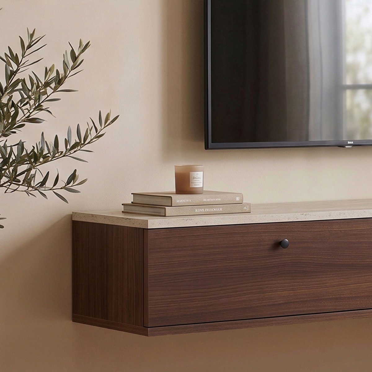 Meuble tv suspendu 2 portes en bois et effet travertin L160cm- YARA bois foncé, DRAWER