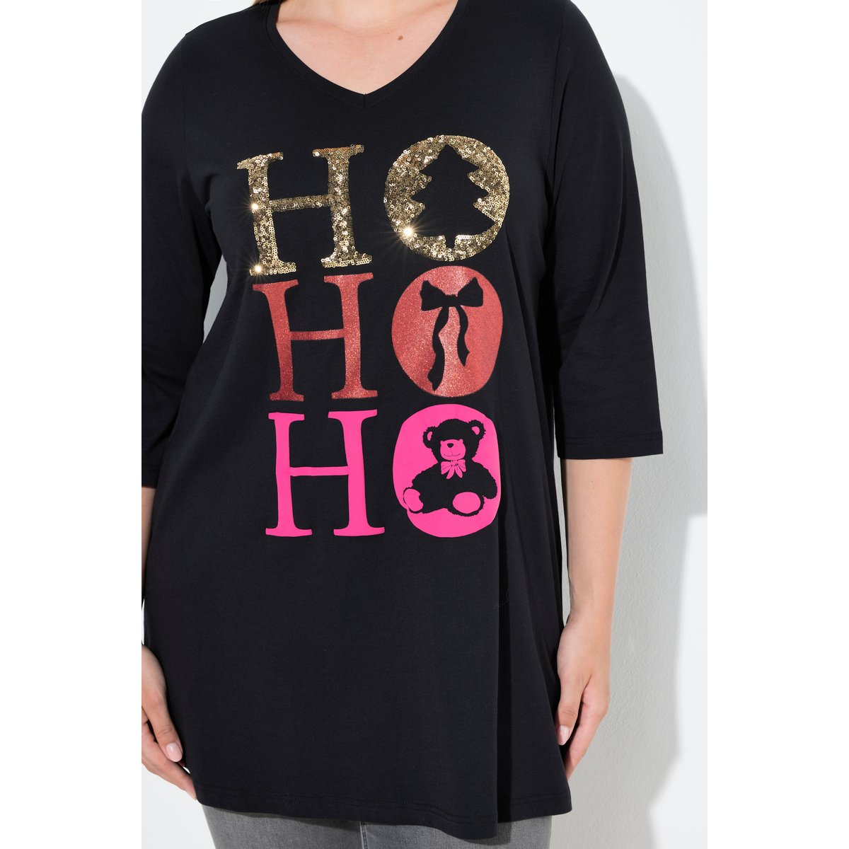T-shirt Ho Ho Ho à col V et manches longues noir, ULLA POPKEN