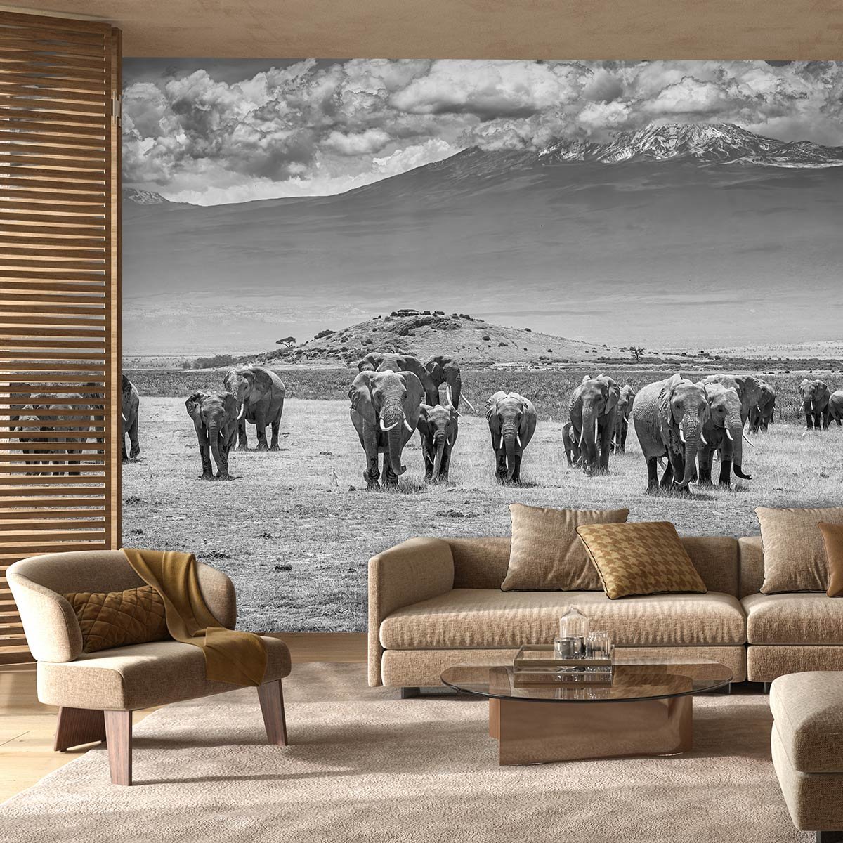 Papier peint éléphants devant le Kilimanjaro intissé, HEXOA