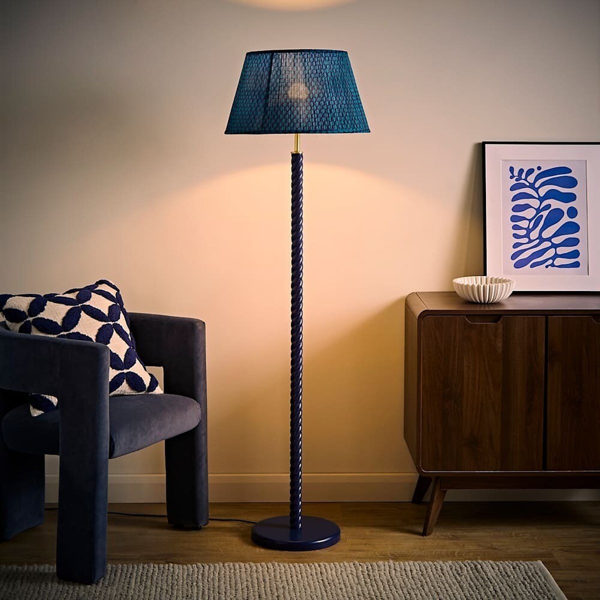 Amalia Twist Floor Lamp with Pleated Taper Shade navy blue, SO'HOME