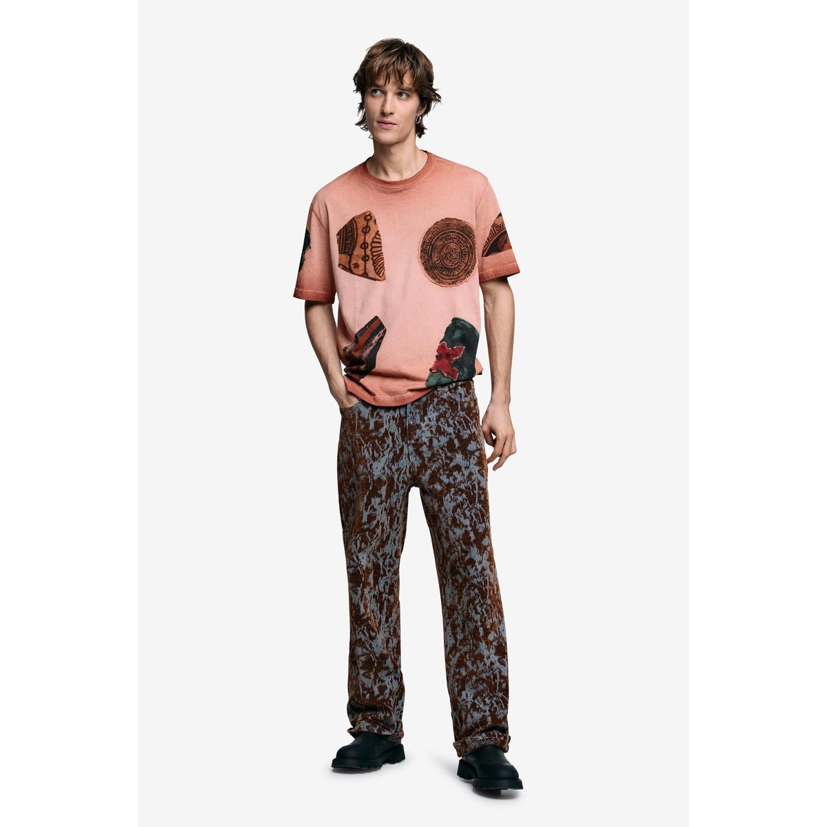 Tee-shirt manches courtes patchwork orange, DESIGUAL