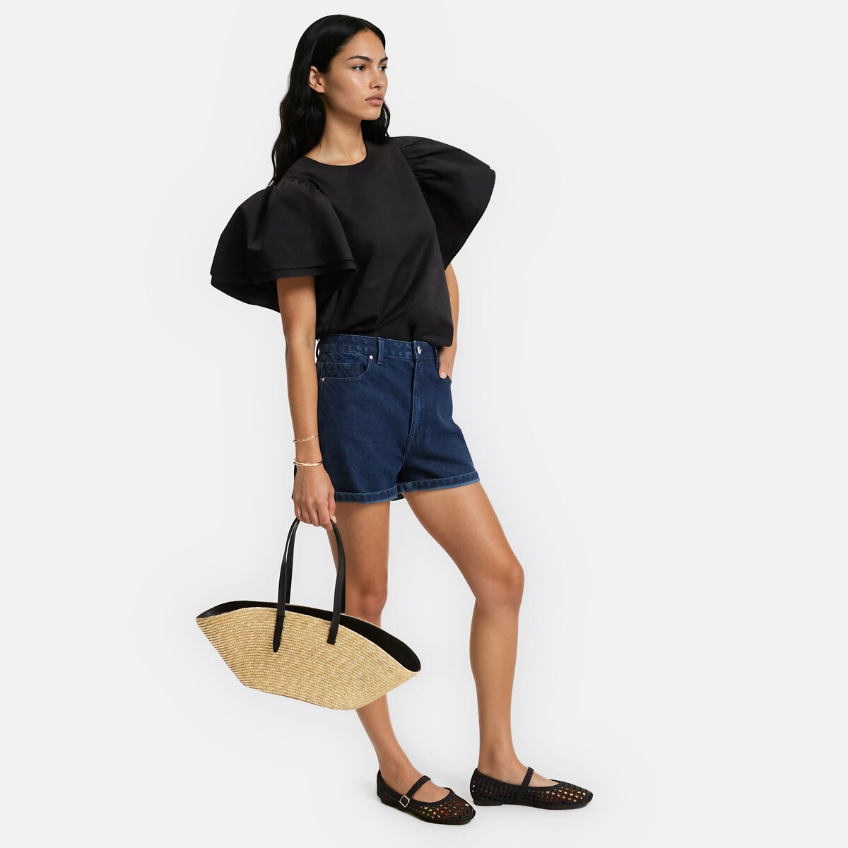 Blouse col rond manches courtes volantées noir, LA REDOUTE COLLECTIONS
