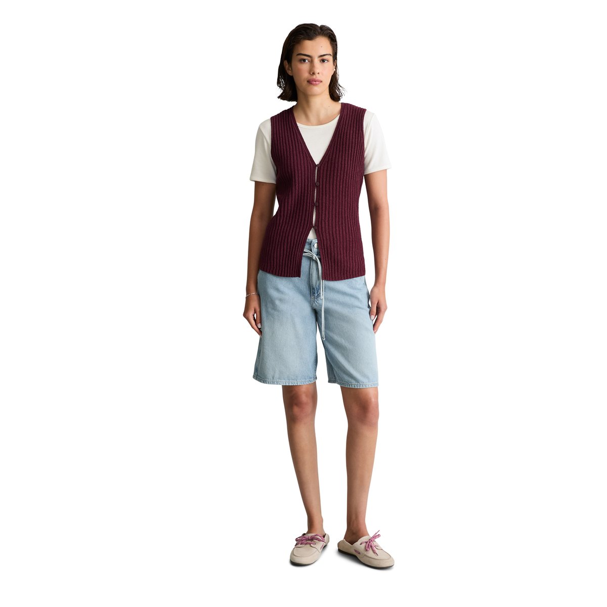 Gilet slim en mélange de coton organique côtelé rouge fonce, MARC O’POLO DENIM