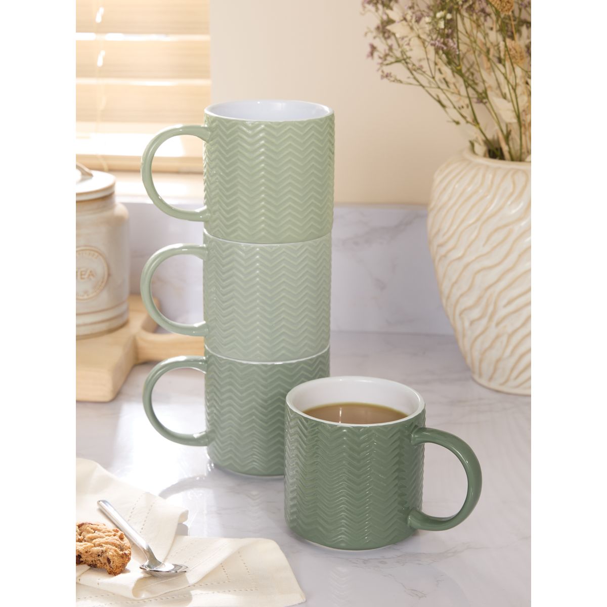 Mugs texturés à empiler, lot de 4 vert sauge, NEXT