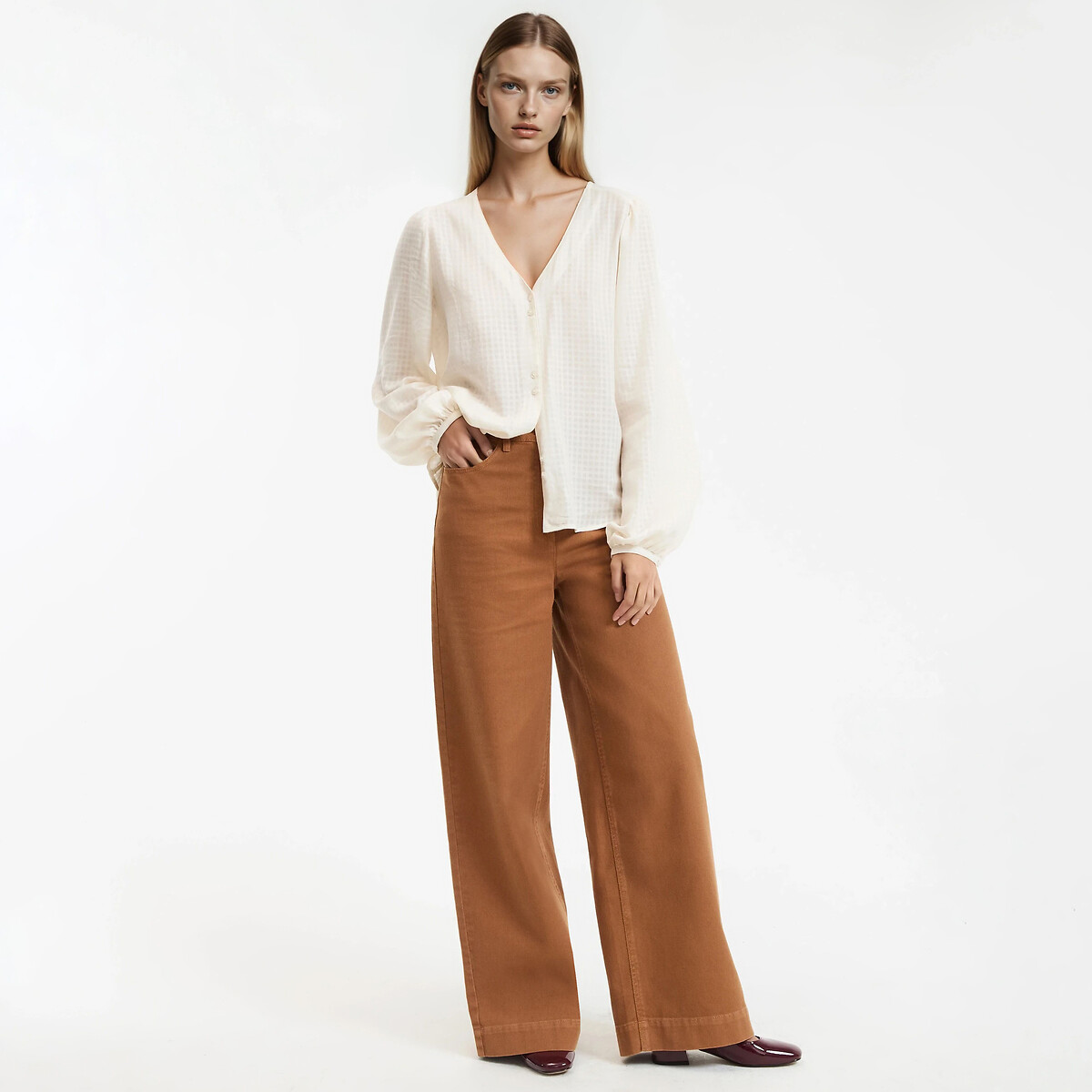 Cotton V-Neck Blouse with Long Sleeves ecru , LA REDOUTE COLLECTIONS
