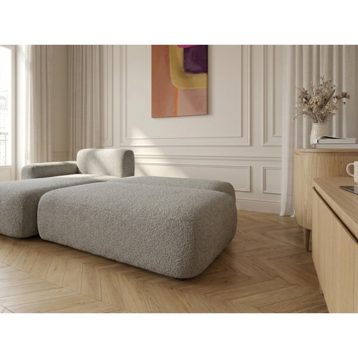 Canapé d'angle convertible 3 places en tissu bouclette, TANGO gris, BOBOCHIC