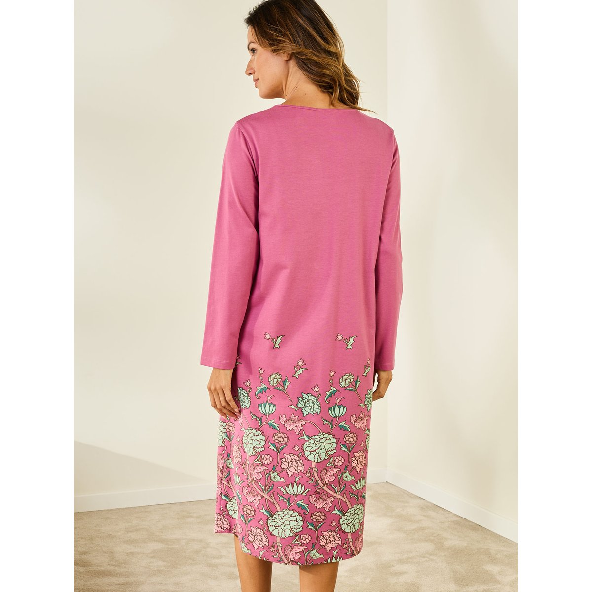 Chemise de nuit manches longues imprimé rose, DAXON