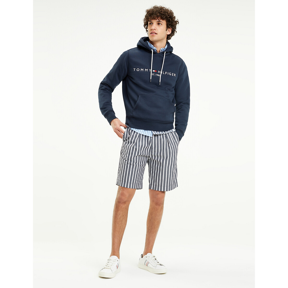 Sweat à capuche à logo en molleton flex bleu marine, TOMMY HILFIGER