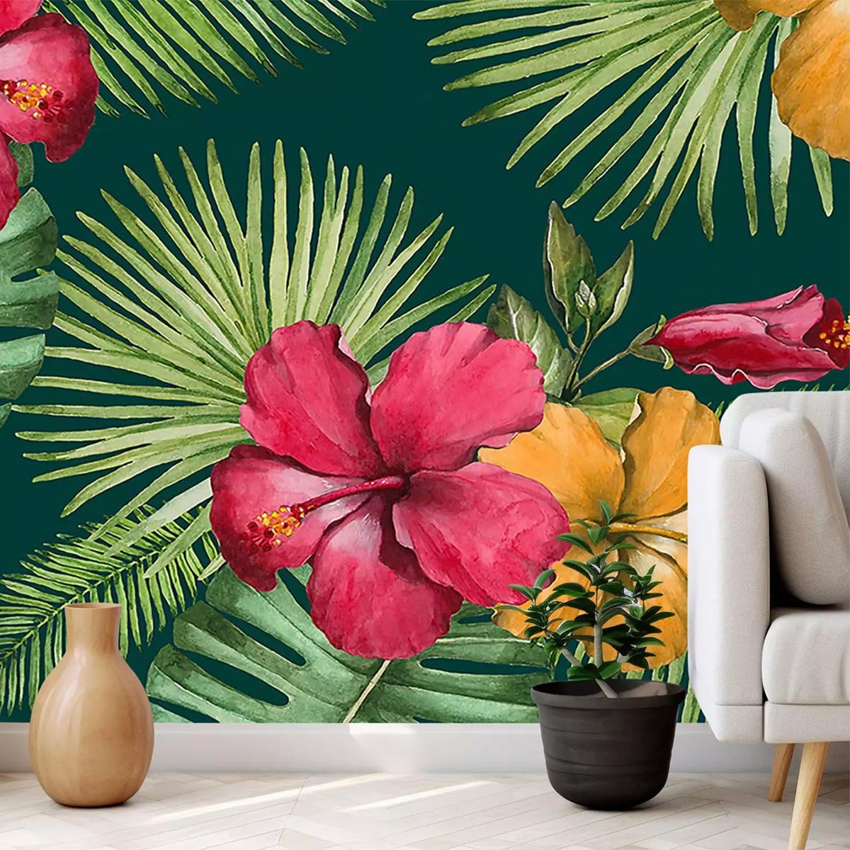 Papier peint fleurs d hibiscus intissé, HEXOA