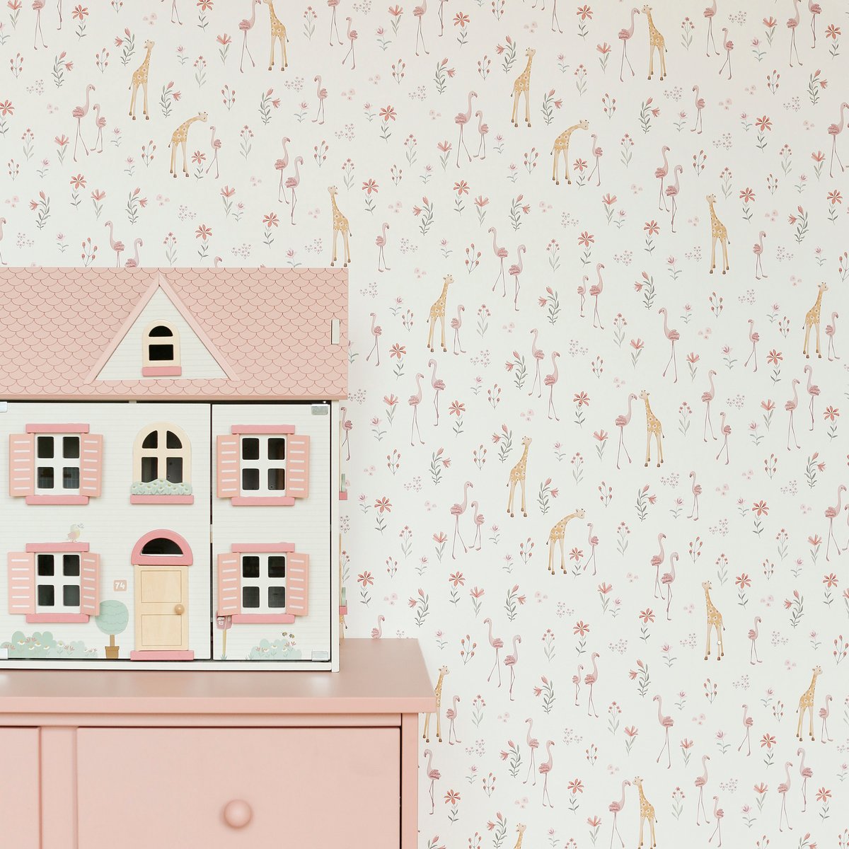 Papier peint fleuri pour enfant Bébé girafe rose, beige, ocre, LITTLE DUTCH