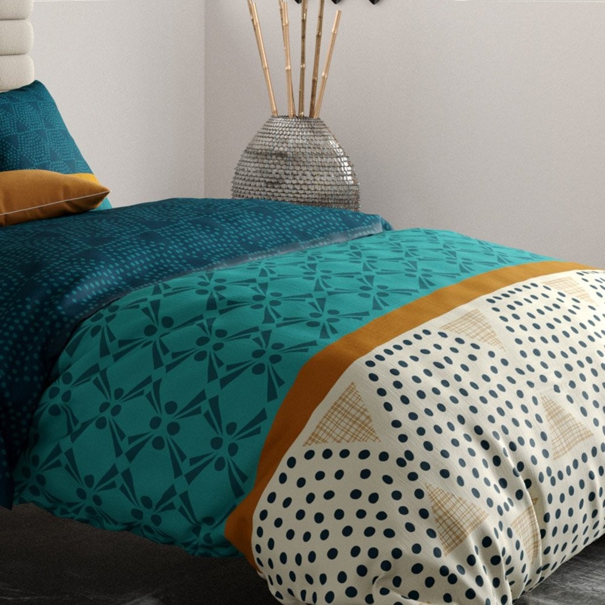 Housse de couette 260x240 + 2 taies coton 57 fils bleu, DECORATIE