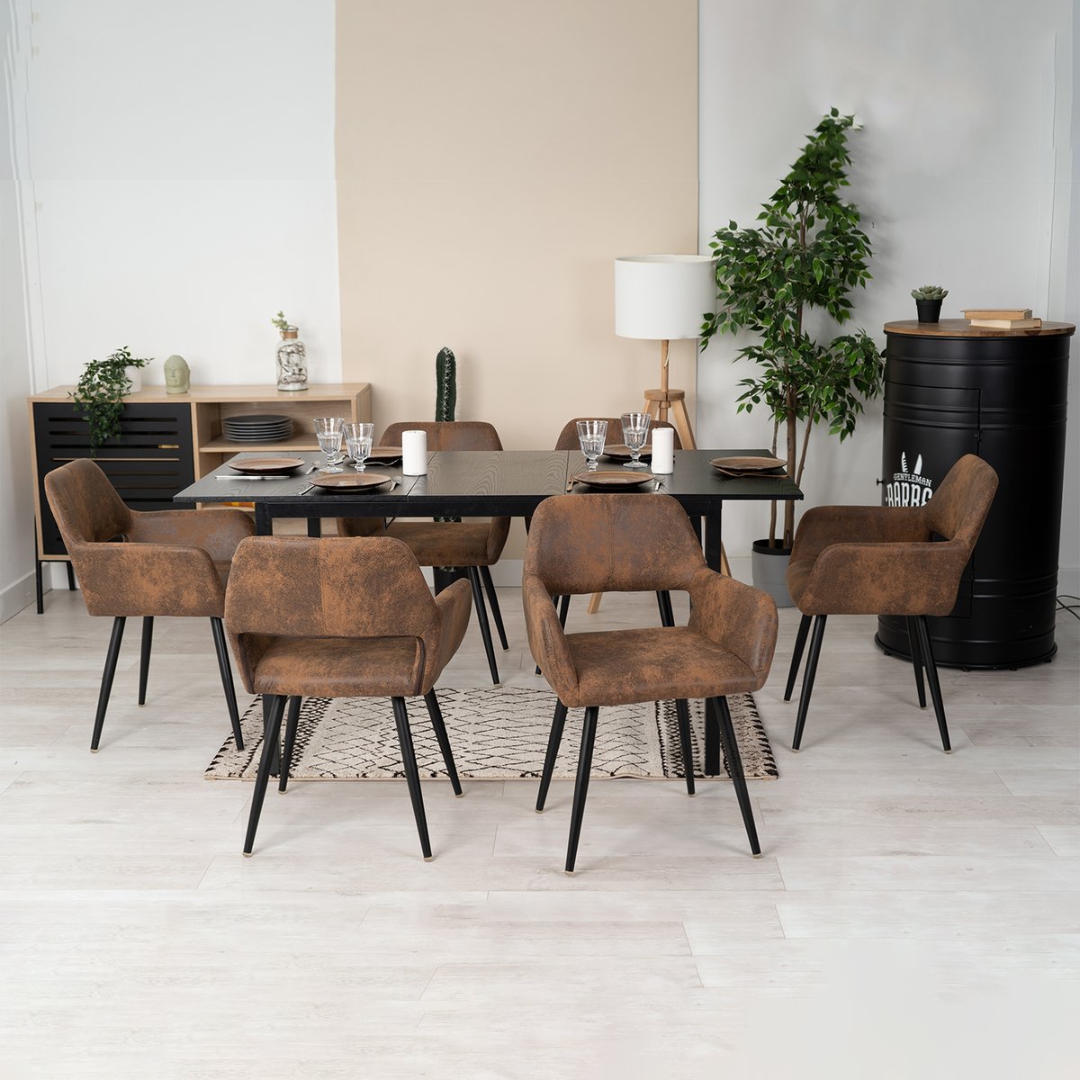 Ensemble de table à manger extensible à allonge avec 6 chaises, BARI6PCSSET marron, MEUBLES COSY
