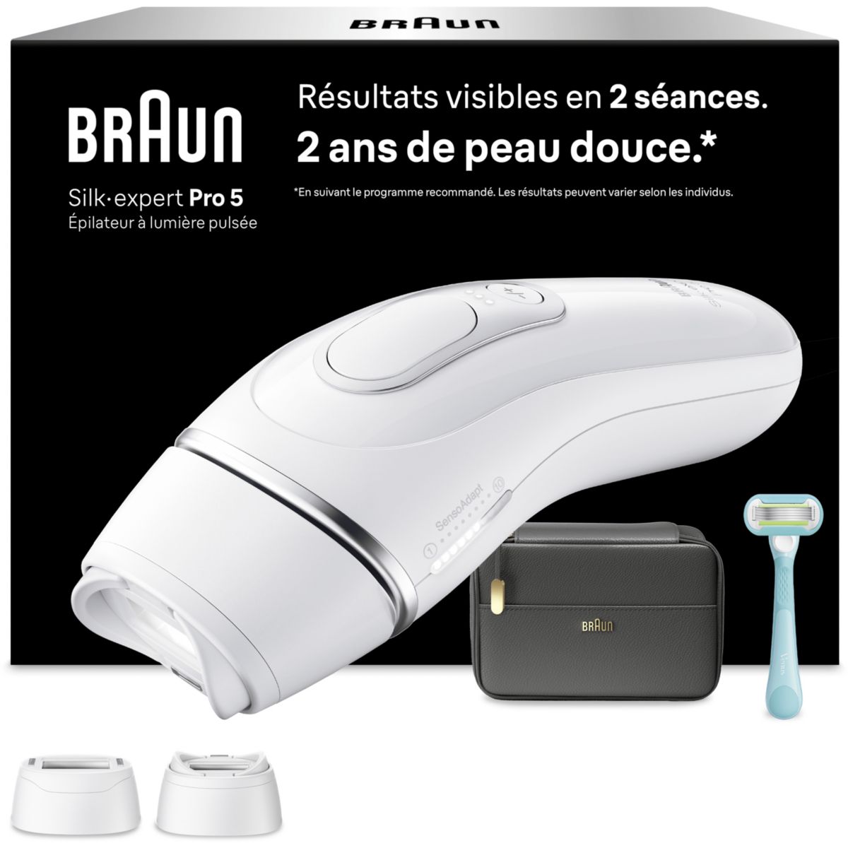 Epilateur lumière pulsée IPL PL5234 2 têtes, 1 rasoir Gillette Venus, une pochette blanc, BRAUN