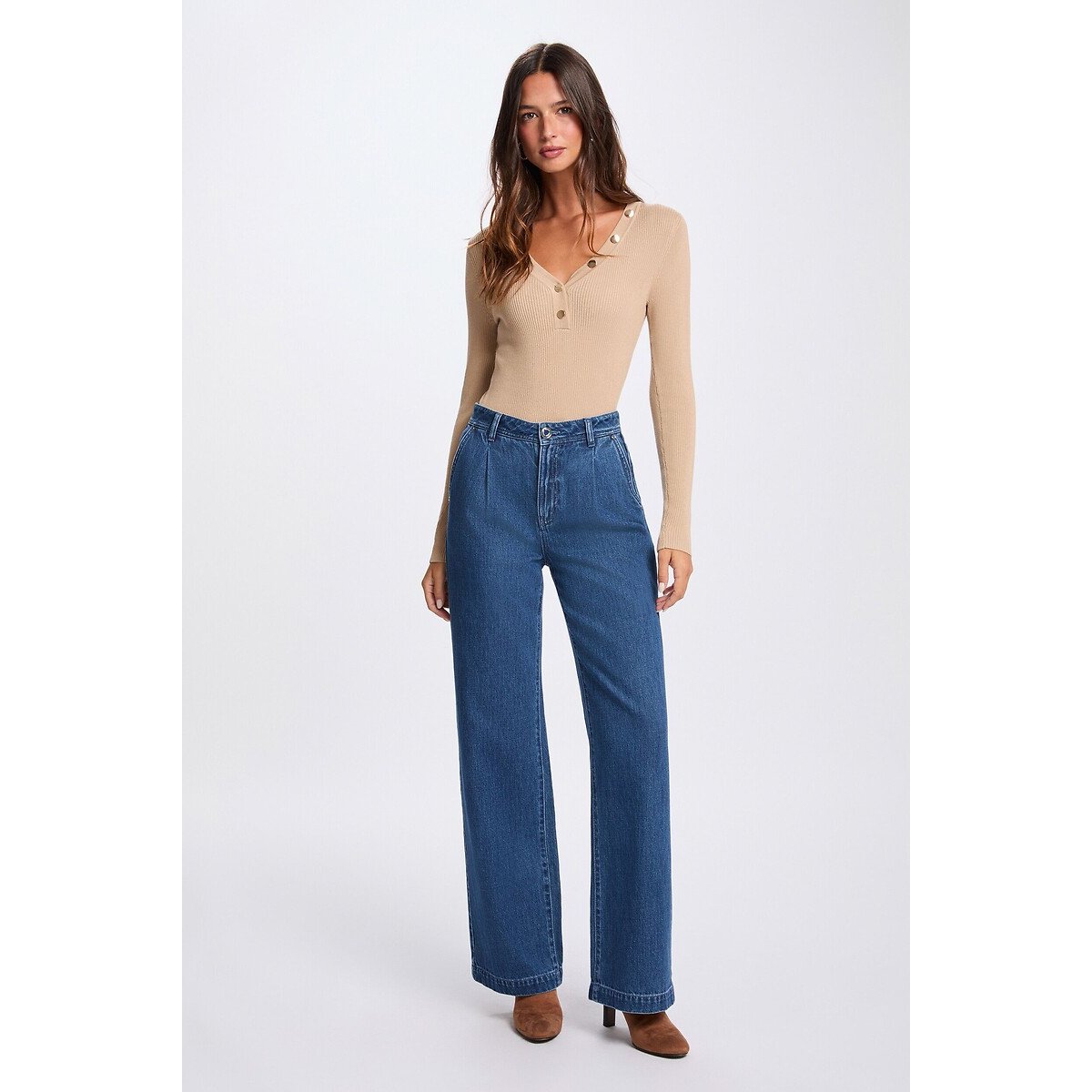 Pull manches longues col V beige, MORGAN