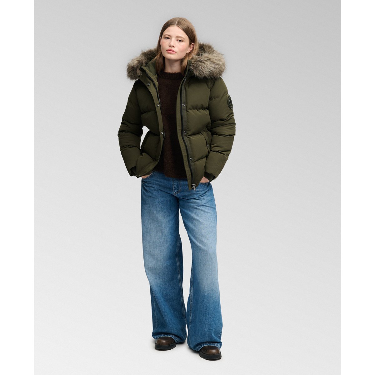 Doudoune courte à capuche en imitation fourrure kaki militaire, SUPERDRY
