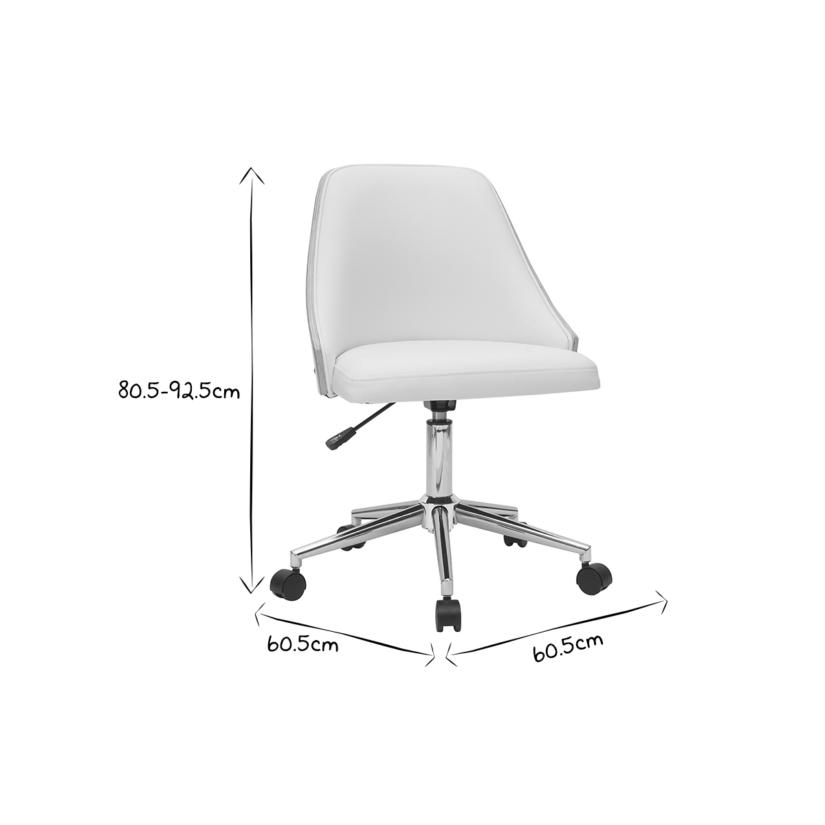 Chaise de bureau à roulettes design blanc, bois clair et acier chromé QUINO blanc, MILIBOO