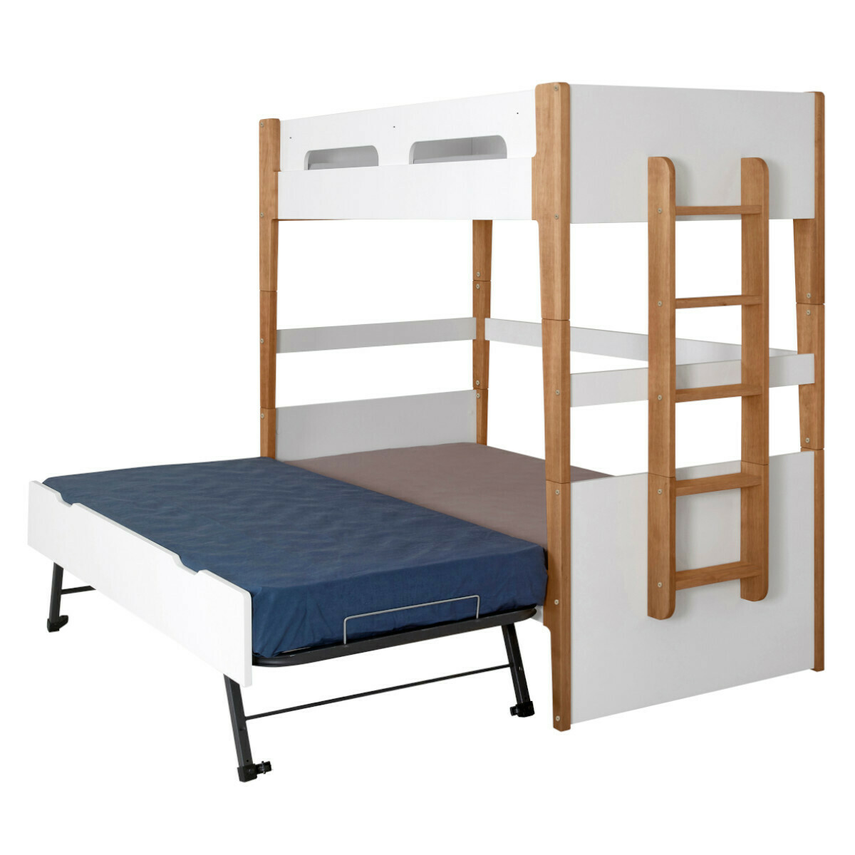 Pack lit superposé gigogne avec 3 matelas Bois massif  ROMY blanc et bois, AKITEN RETAIL
