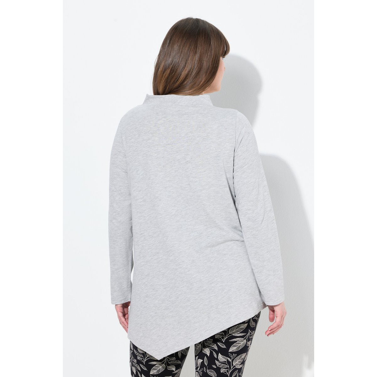 T-shirt long à col montant et manches gris chiné, ULLA POPKEN