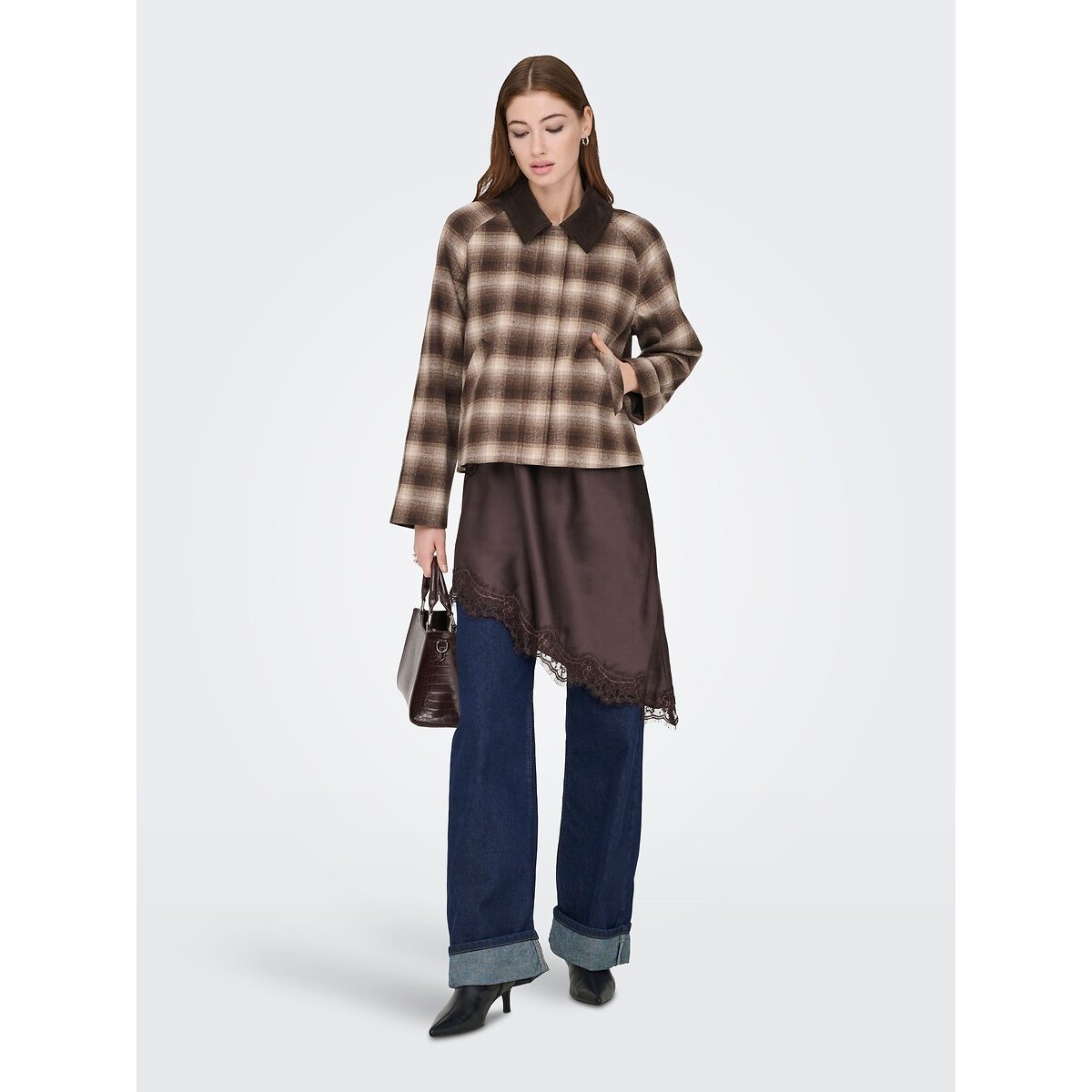 Cappotto corto a quadri marrone quadri, ONLY