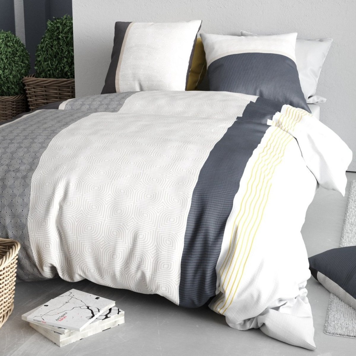 Housse de couette 100% coton 57 fils + 2 taies d’oreiller gris, DECORATIE
