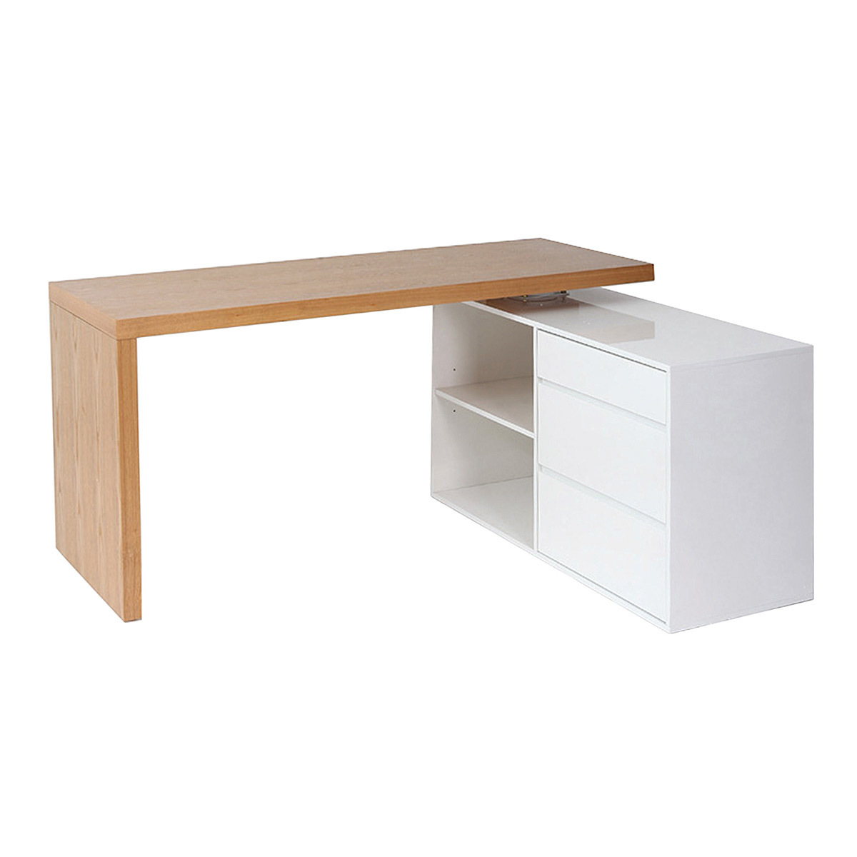 Bureau modulable design blanc brillant et bois clair frêne L160-235 cm NEW MAX blanc, MILIBOO