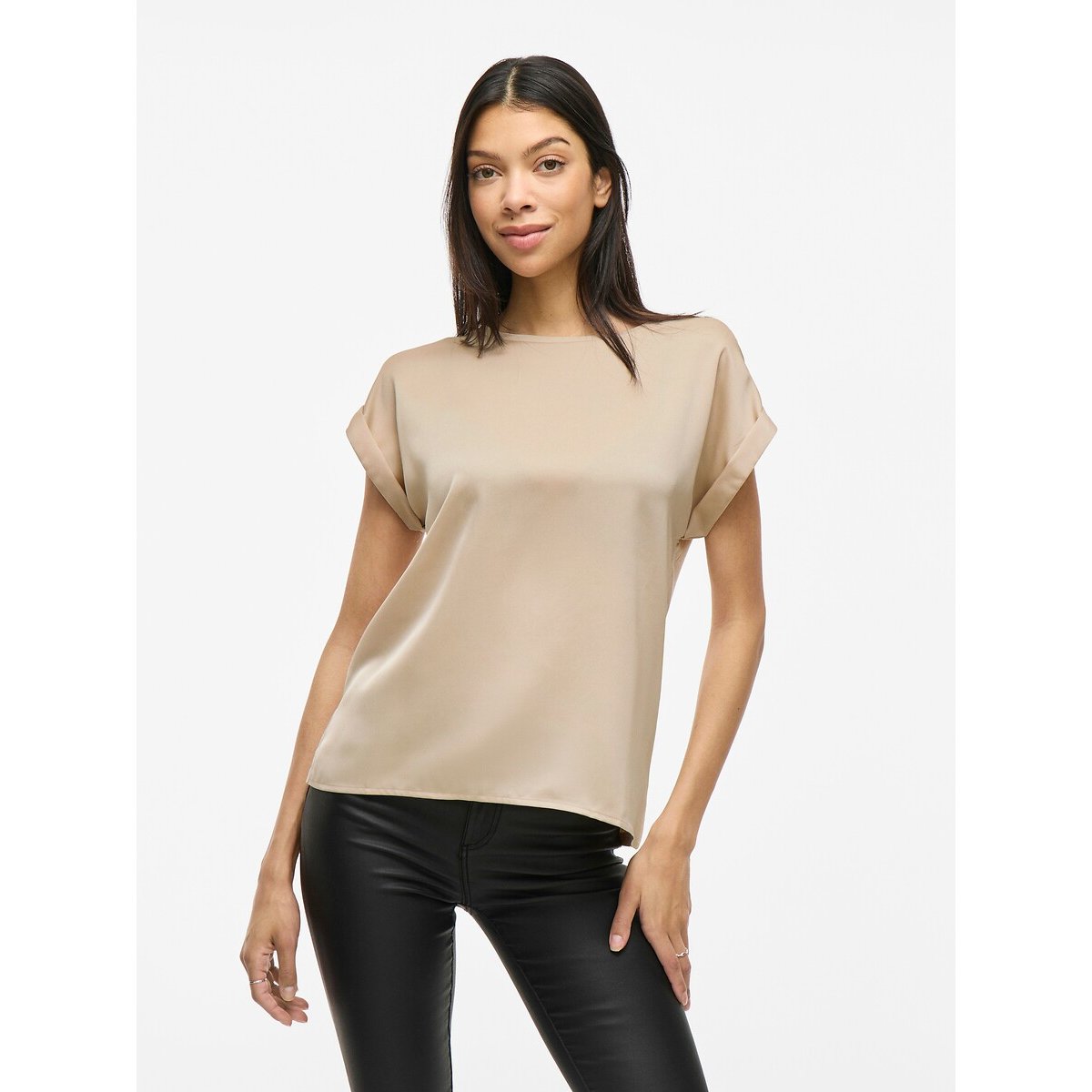T-shirt satiné, col rond crème, VILA