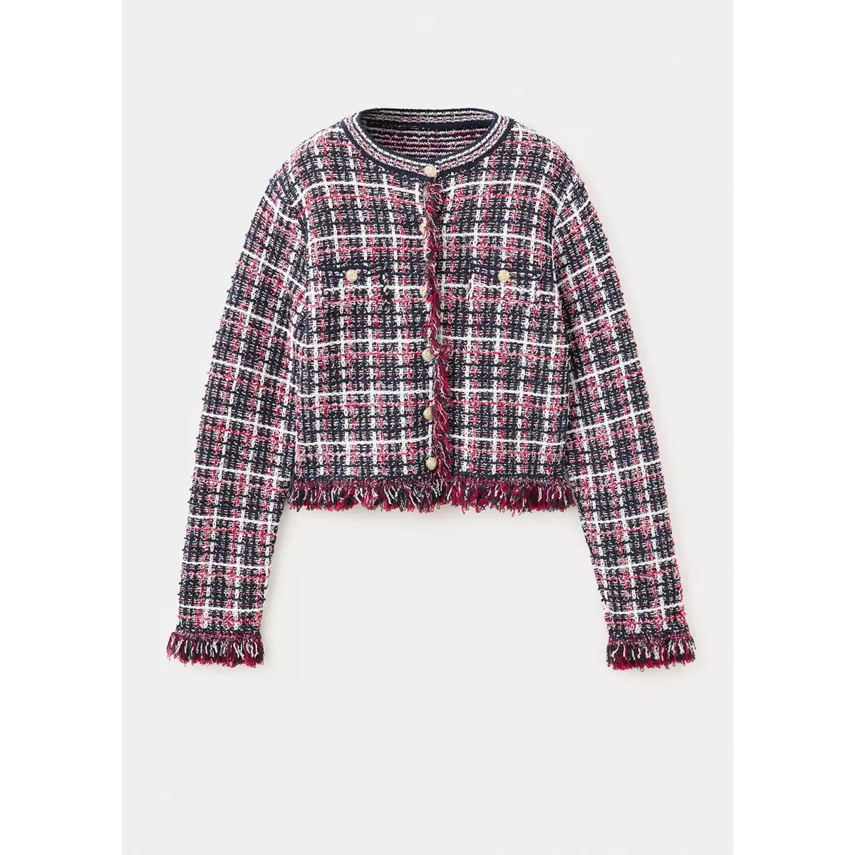 Veste en tweed à carreaux avec franges bleu marine, MANGO