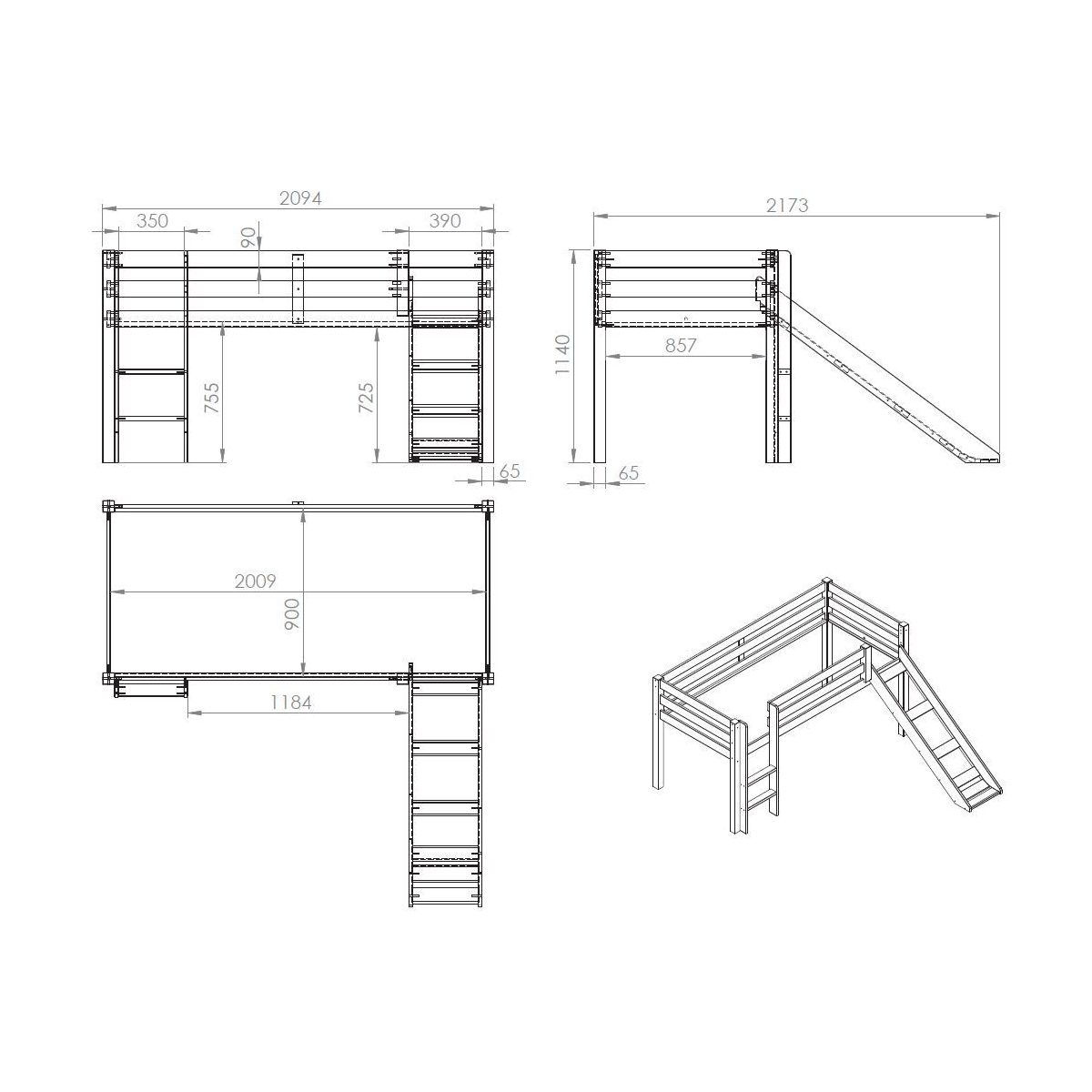 PINO Lit mezzanine avec toboggan + Rideau de lit Princess couleur unique, VIPACK