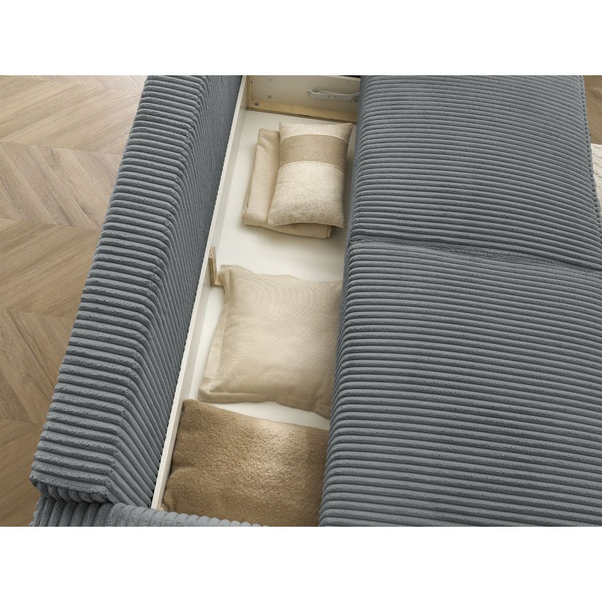 Canapé droit convertible 4 places en gros côtelé doux avec pouf, CHELSEA gris foncé, BOBOCHIC