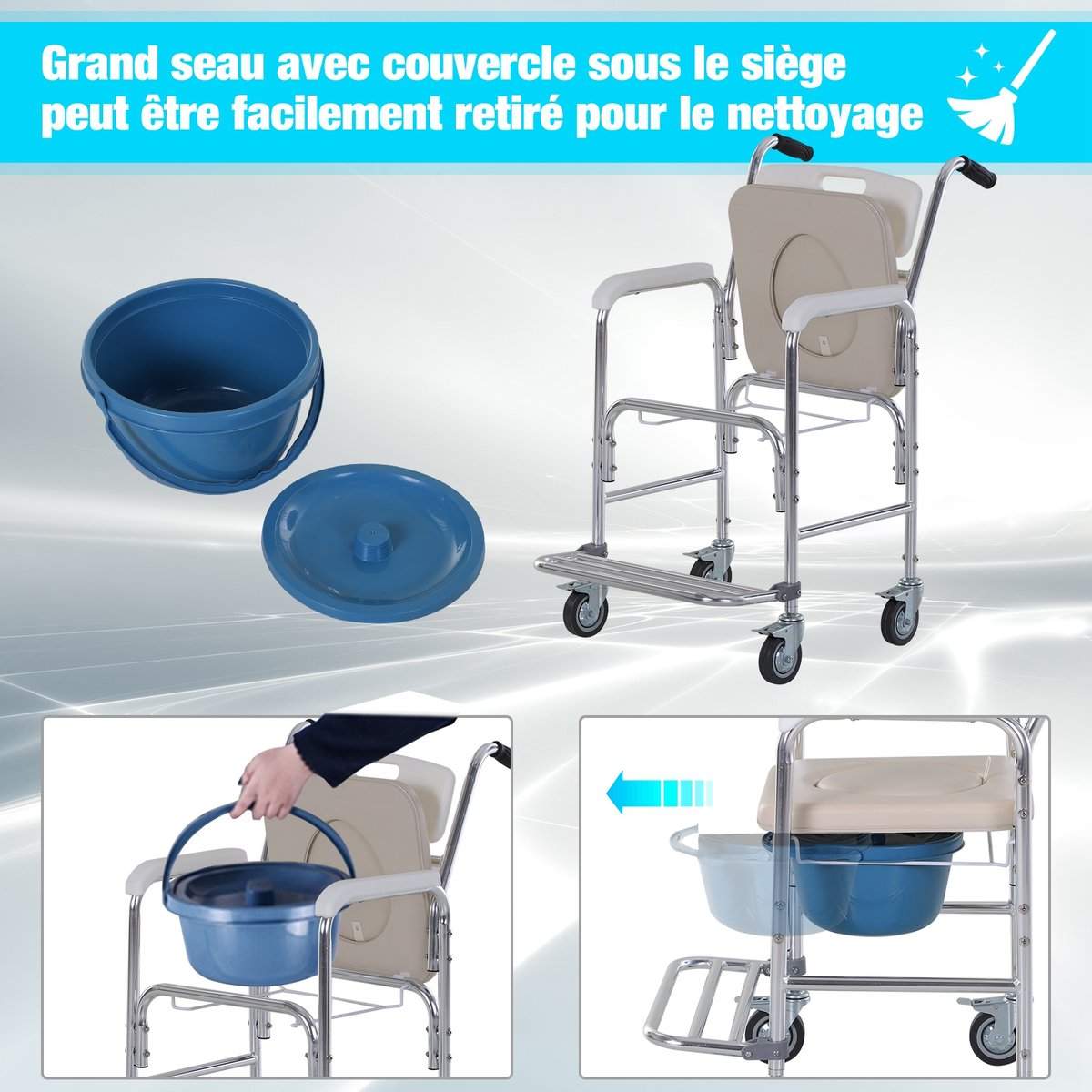 Fauteuil roulant avec cuvette Acier Blanc blanc, bleu, chromé, HOMCOM
