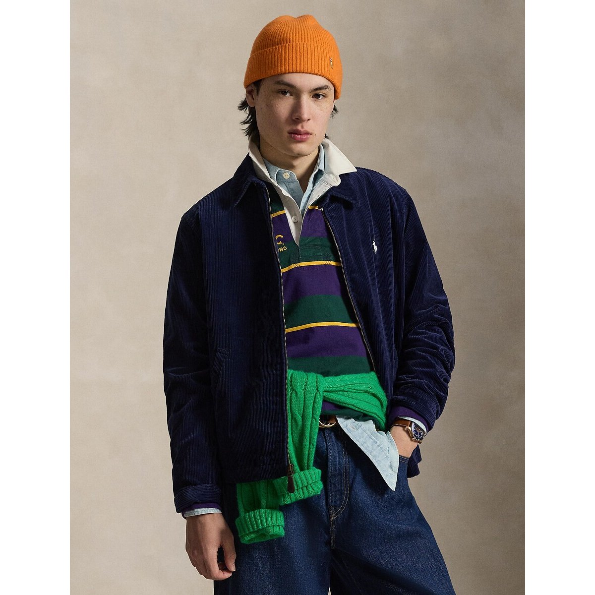 Blouson velours à col polo bleu marine, POLO RALPH LAUREN