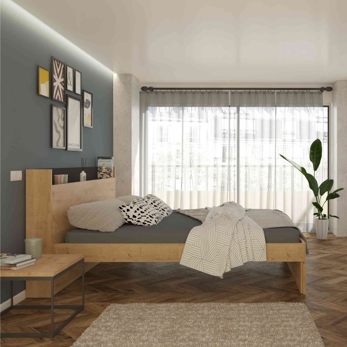 Lit en bois avec tete de lit bois naturel, TERRE DE NUIT