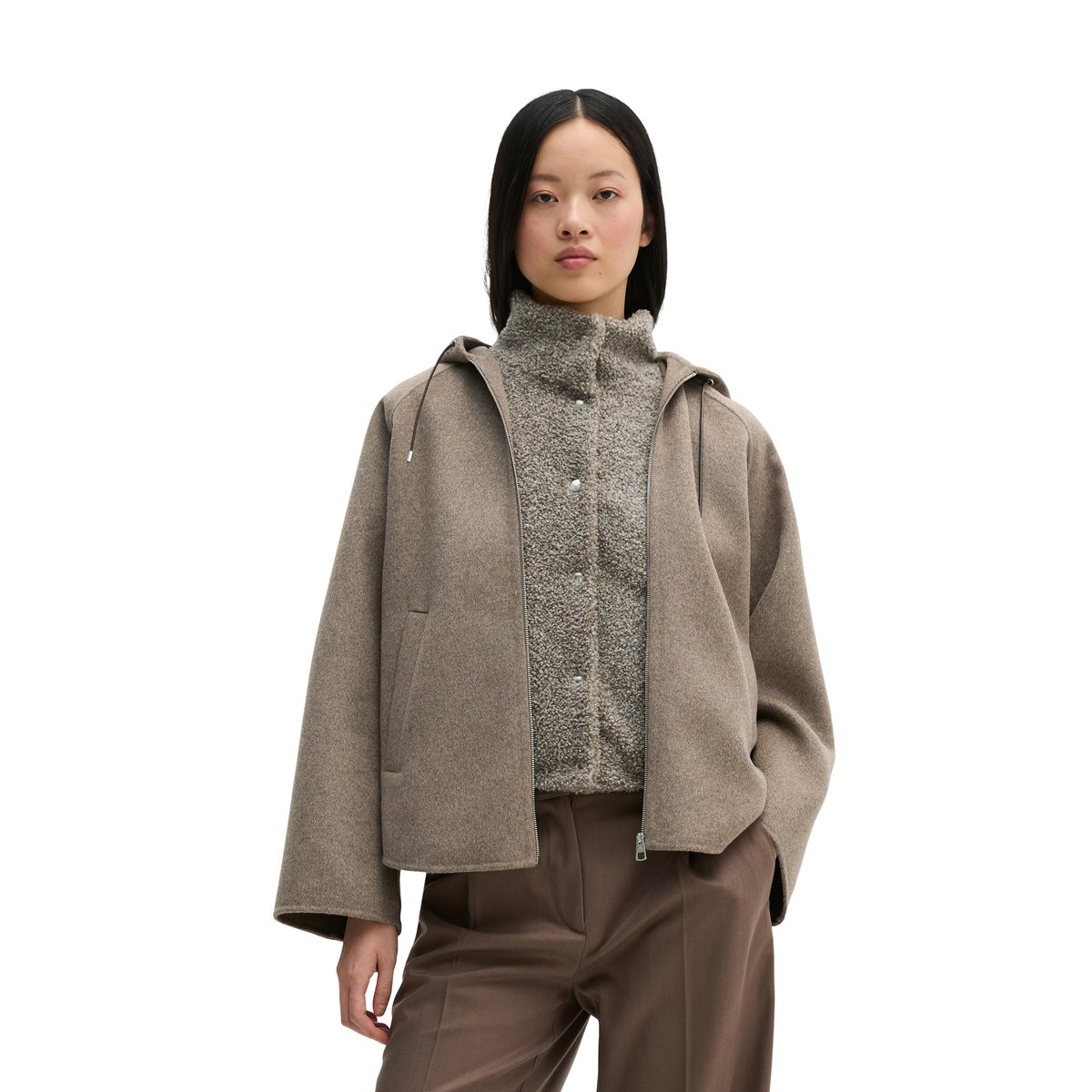 Veste à capuche en laine relaxed en double face mélangée de haute qualité beige, MARC O'POLO
